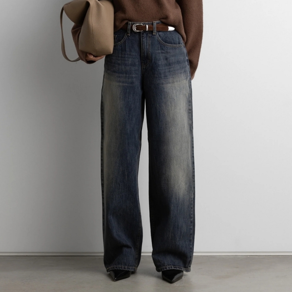 NWOT Oak + Fort Jeans Mid-Rise Curved Leg Dark Wash Denim Pants Medium Baggy - Picture 1 of 9